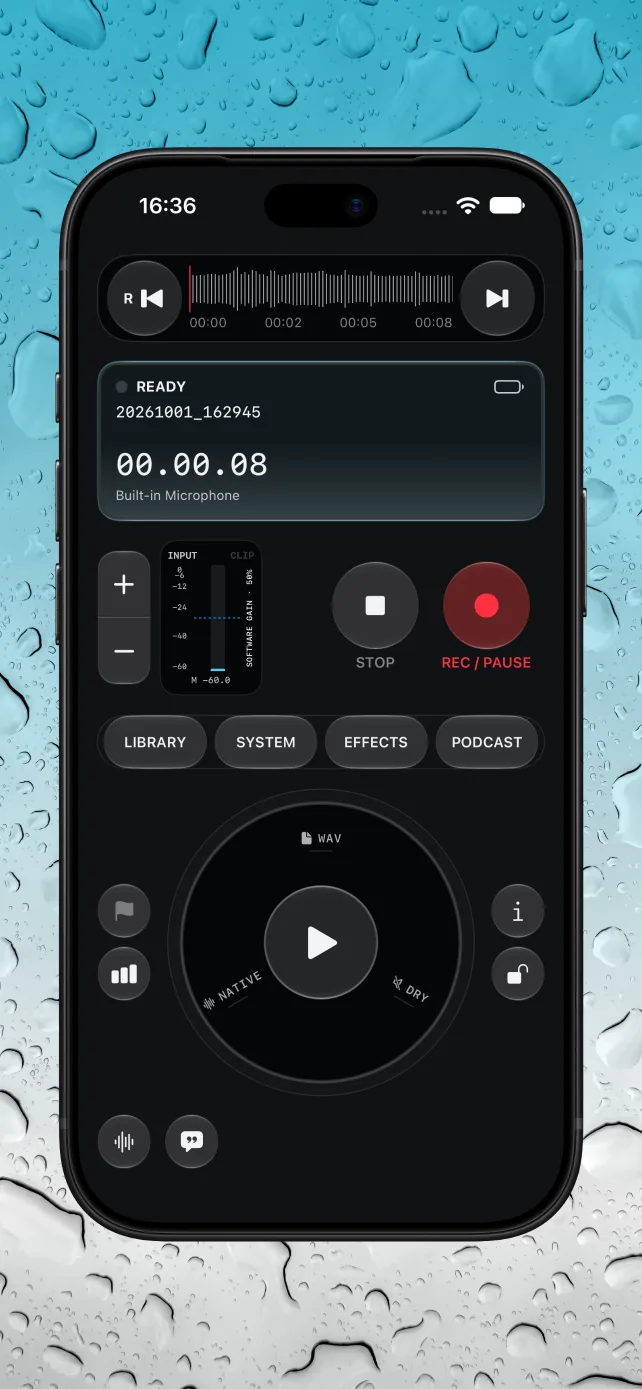 Liquid Record's dark iPhone console with waveform timeline, live input meter, recording controls, and playback dial