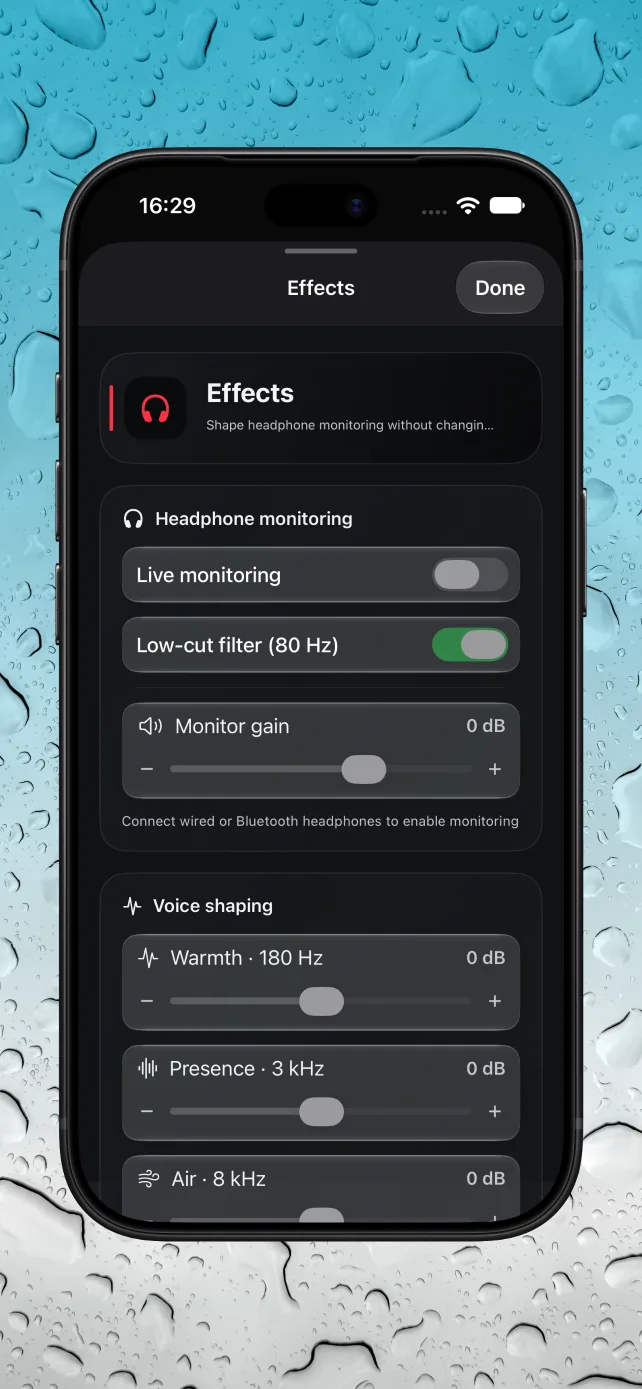 Headphone monitoring controls for low-cut filtering, warmth, presence, and air