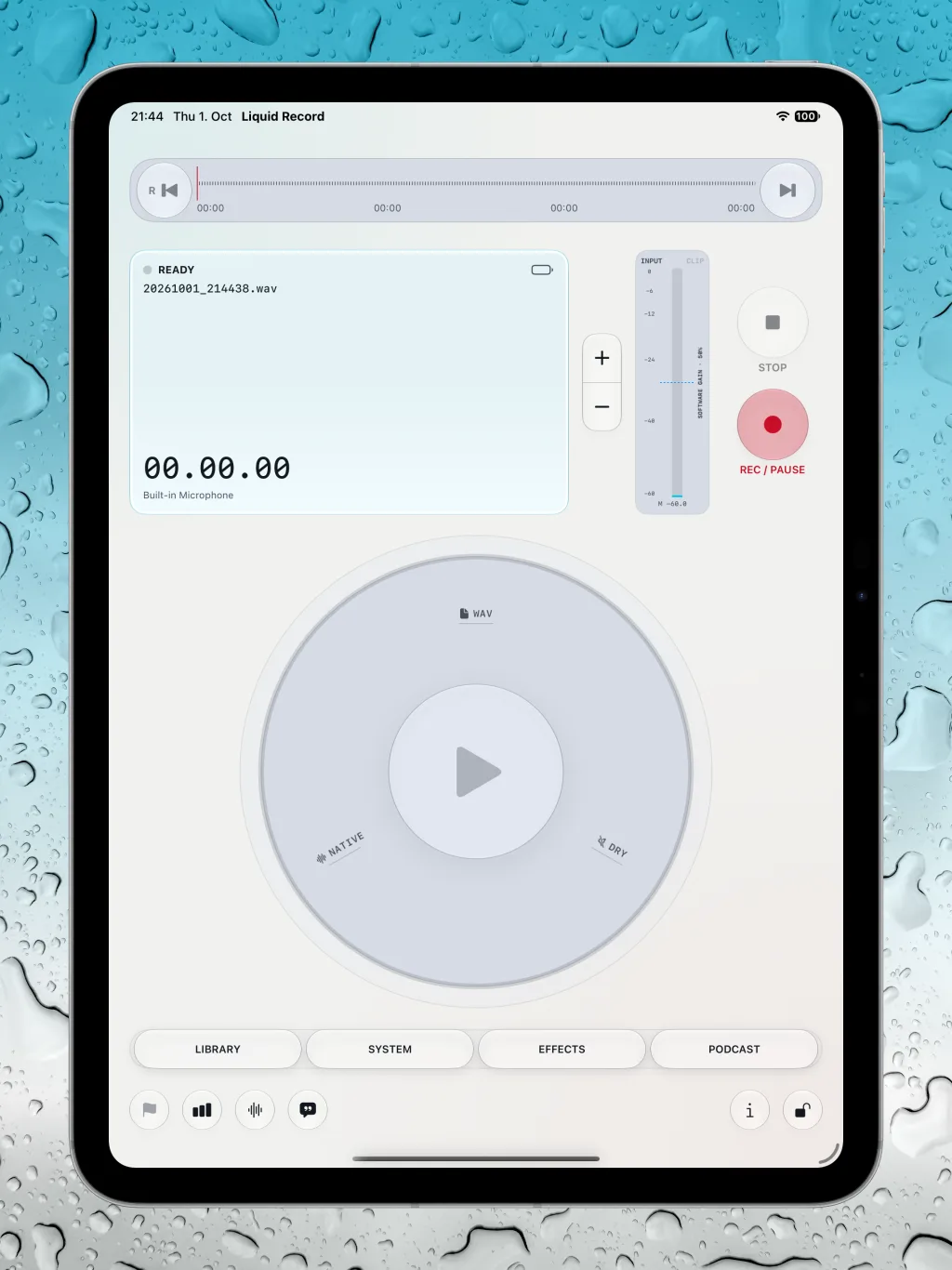 Liquid Record's light iPad workspace with expanded console and playback dial