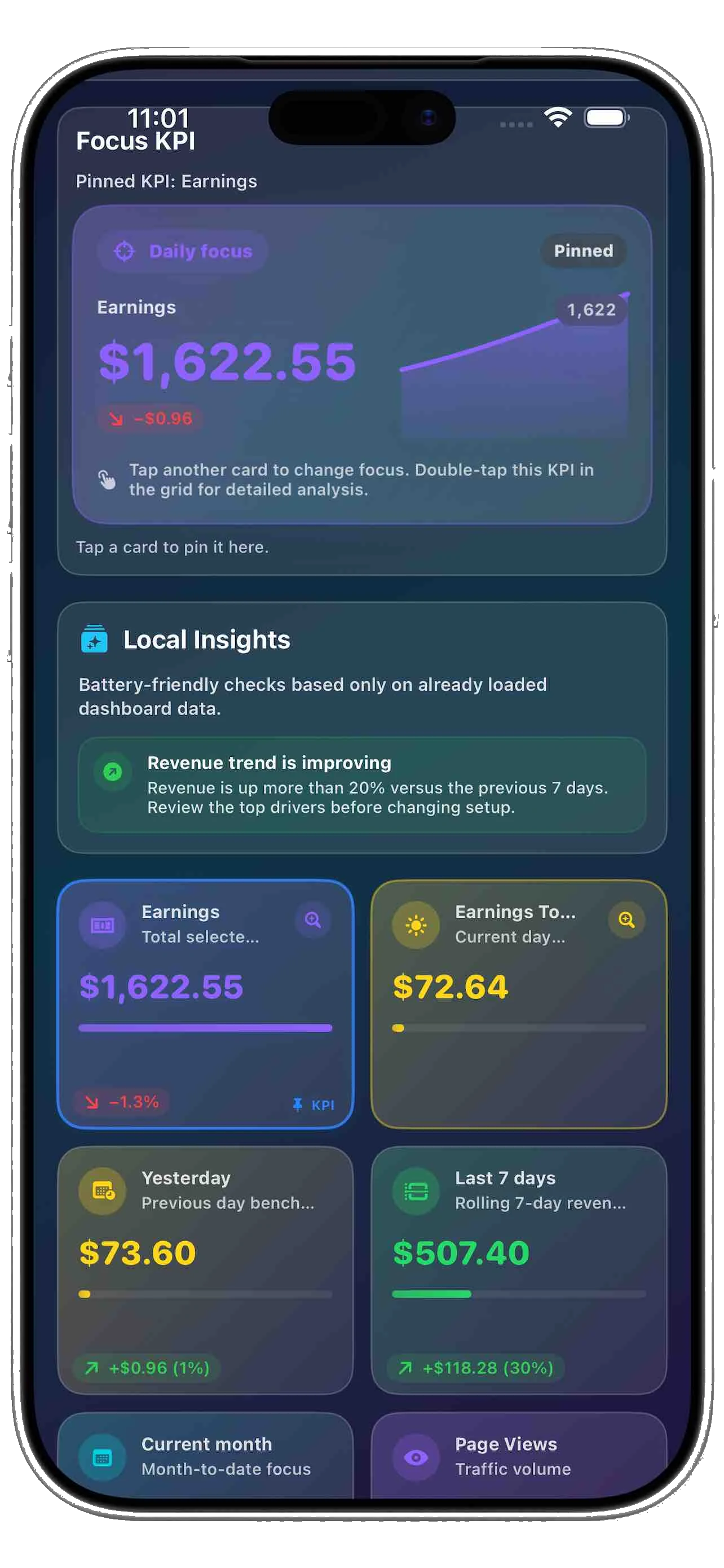 Metrics Data focus KPI in dark mode