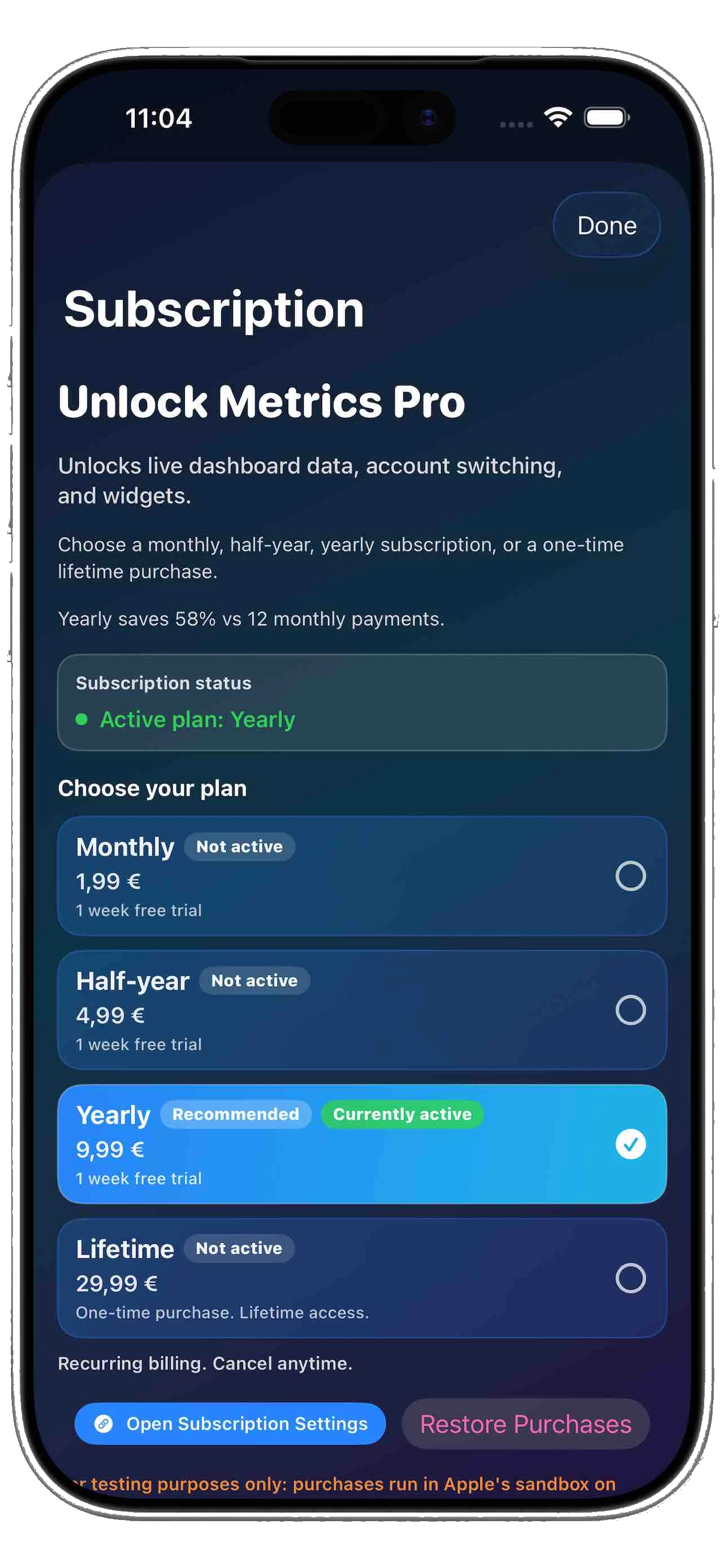 Metrics Data subscription screen