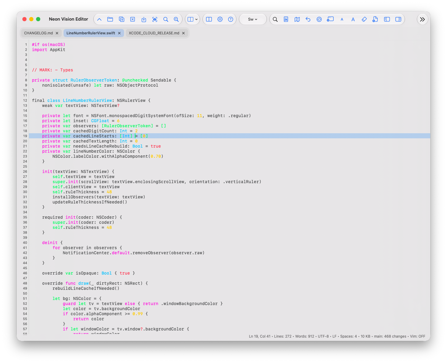 Neon Vision Editor v1.4.1 macOS editor with line numbers, tabs, and compact toolbar controls