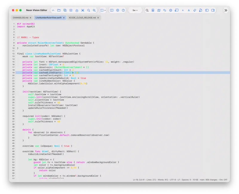 Neon Vision Editor editing a syntax-highlighted source file in the light theme
