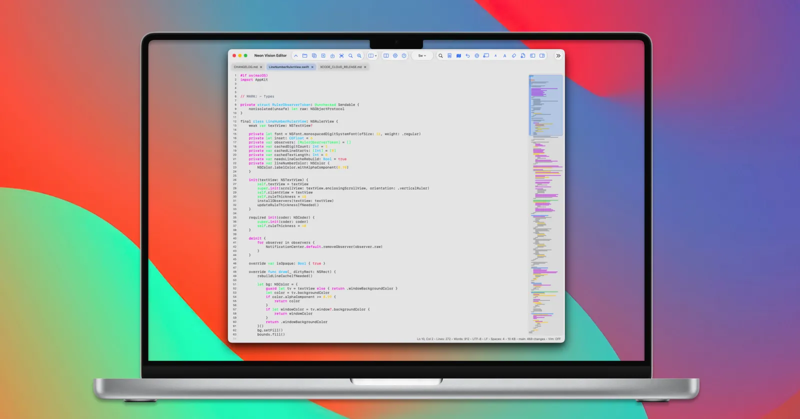 Neon Vision Editor editing a Swift file in a native macOS window