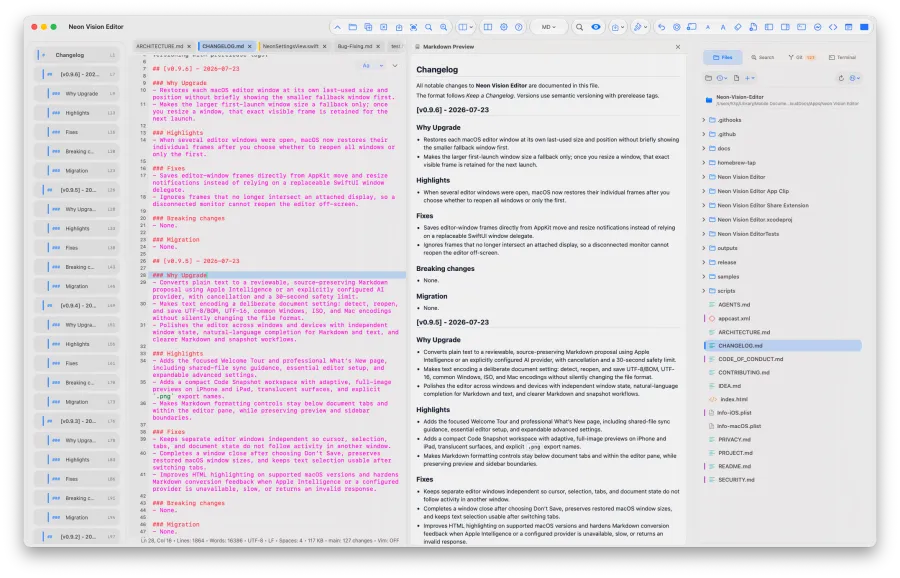 Neon Vision Editor showing Markdown source beside a full rendered preview and project workspace