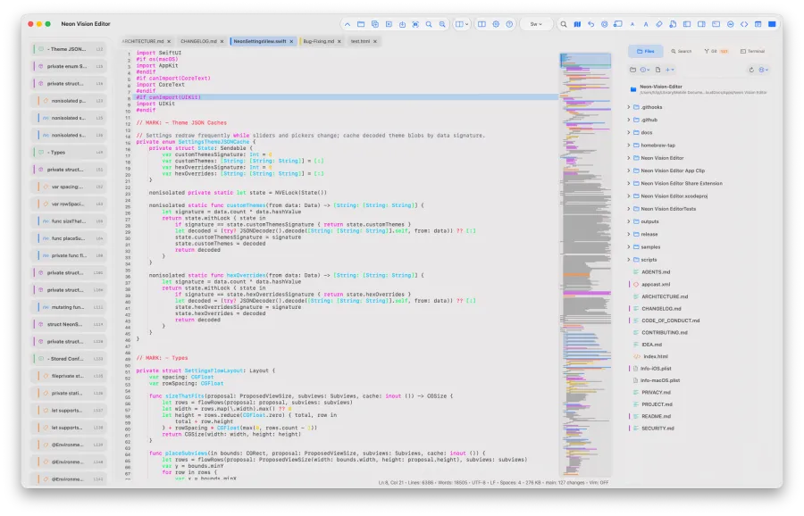 Neon Vision Editor on macOS with syntax highlighting, minimap, and project workspace