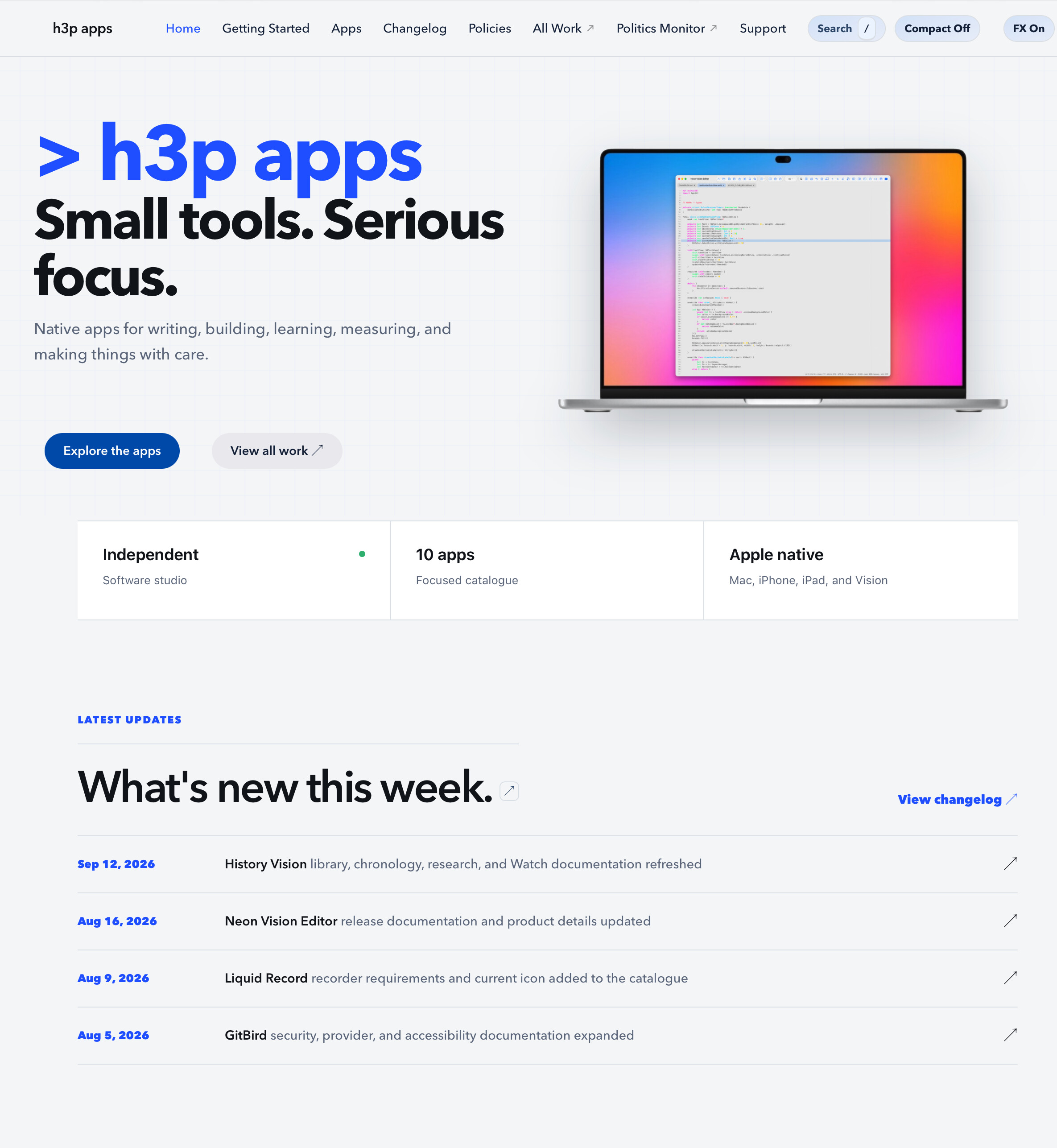 h3p apps homepage with native Apple apps and latest updates