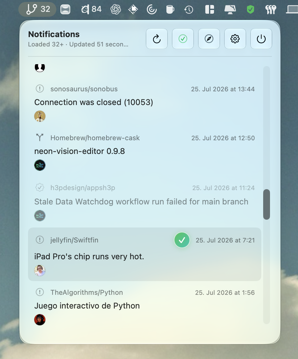 GitBird menu bar notification popover with repository updates