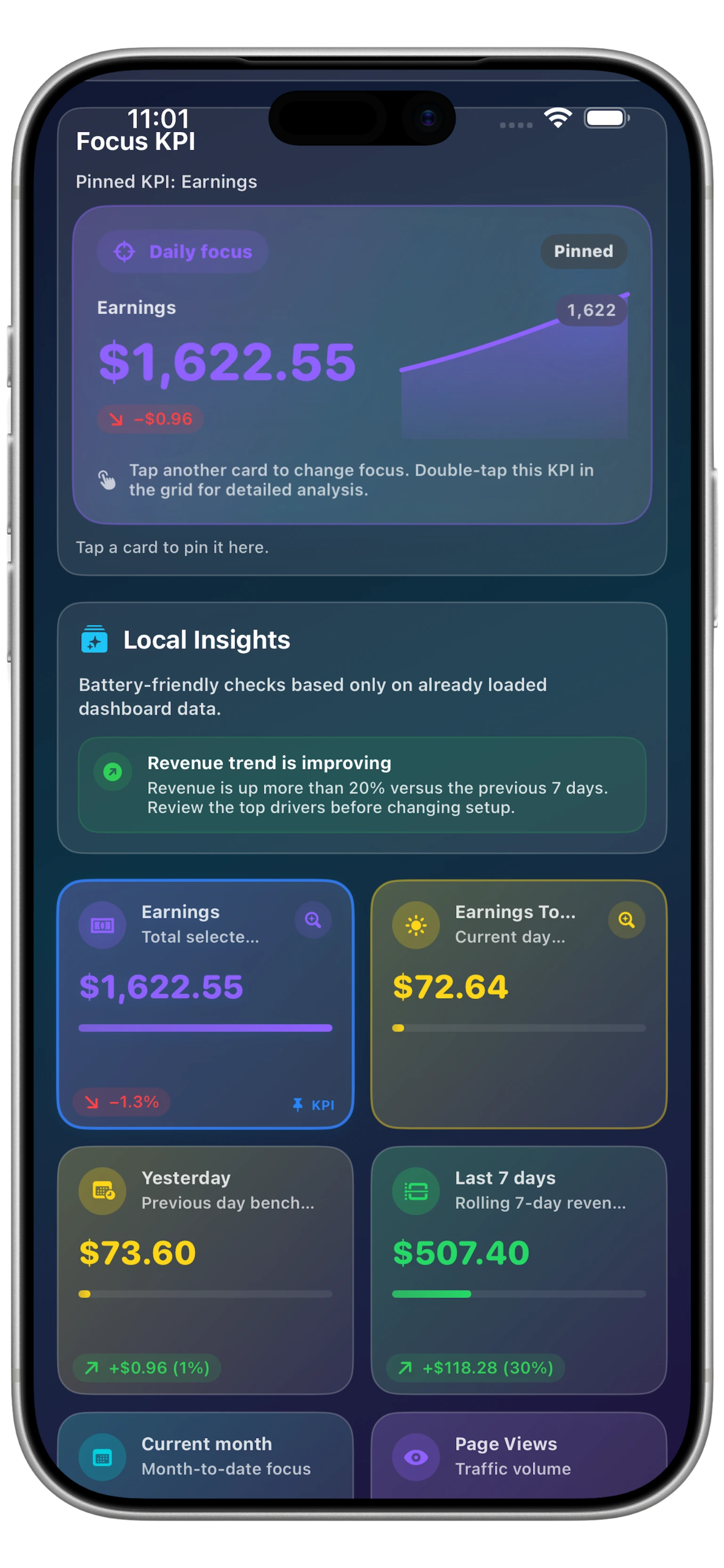 Metrics Data overview dashboard on iPhone