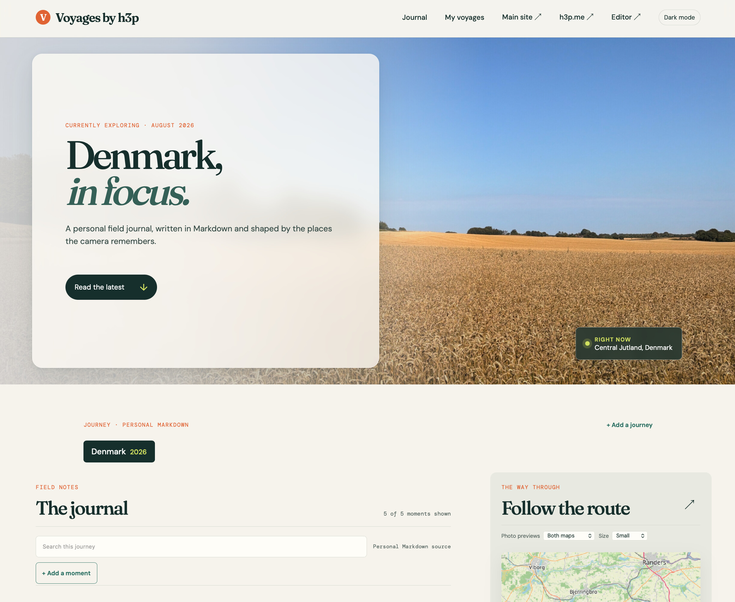 Voyages by h3p with Denmark in focus, field journal, and route map